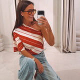 ALORA RED STRIPED ONE SHOULDER T-SHIRT
