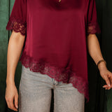 ROCKIN' AROUND BORDEAUX ASYMMETRIC SATIN LACE BLOUSE