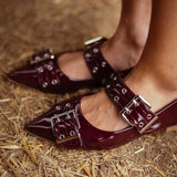 JACKIE BURGUNDY BUCKLE FLATS