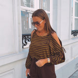 MARABETH KHAKI/BROWN STRIPED CUT-OUT SWEATER