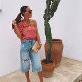 AZAHAR RED CHECKERED ONE SHOULDER BLOUSE