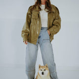 EVELYNE OLIVE GREEN SHINY LEATHER JACKET