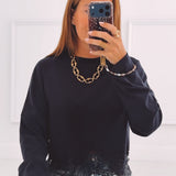 INEZ DARK BLUE LONGSLEEVE SHIRT WITH LACE