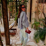 VAMONOS DARK BLUE CHECKERED BLOUSE