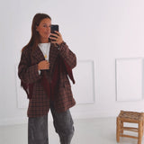 JOLENE BURGUNDY CHECKERED FRINGE BLAZER