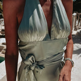 CORAZON DE MEXICO MINT GREEN SATIN HALTER DRESS