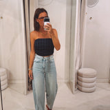 EMMY DARK BLUE CHECKERED STRAPLESS TOP