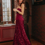 CHRISTMAS SHINE BORDEAUX BUSTIER SEQUIN DRESS