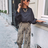 KHAKI FADED LEOPARD WIDE LEG PANTS