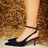 ULENNA DARK BLUE SLINGBACK SUEDE HEELS