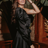 FABULOUS BLACK SATIN ONE SHOULDER DRESS
