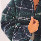 ODETTE DARK BLUE/GREEN CHECKERED TEDDY JACKET
