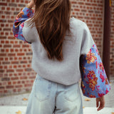 FREYA GREY SWEATER / BLUE FLOWER SLEEVES