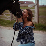 VICTORIA DARK BLUE CHECKERED BLOUSE