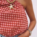 AZAHAR RED CHECKERED ONE SHOULDER BLOUSE