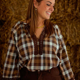 NOEMIE BROWN CHECKERED EMBROIDERED BLOUSE