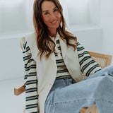 BROOKE ECRU/DARK GREEN STRIPED LONGSLEEVE POLO SHIRT