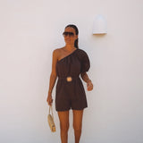SOLCIELO BROWN ONE SHOULDER PLAYSUIT