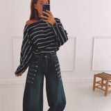 DANAE DARK BLUE STRIPED CUT-OUT SWEATER