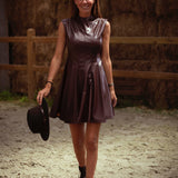 LORETTA BROWN PEPLUM LEATHER DRESS
