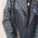 JOLENE DARK BLUE CHECKERED FRINGE BLAZER