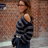 AISLING DARK BLUE STRIPED CUT-OUT SWEATER