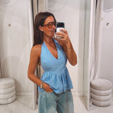 ORLANE BLUE STRIPED HALTER TOP