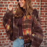 FALL IN LOVE BROWN CHECKERED ZIP JACKET