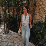 LUMINA ECRU/GOLD SEQUIN HALTER TOP