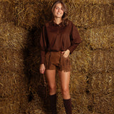 EDNA CAMEL SUEDE FRINGE SHORT