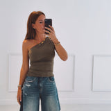 SYLVIE KHAKI ONE SHOULDER TOP