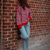 CLIO RED STRIPED BUTTON CARDIGAN