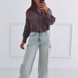 KELSEY DARK GREY/ORANGE CHECKERED BLOUSE