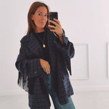 JOLENE DARK BLUE CHECKERED FRINGE BLAZER