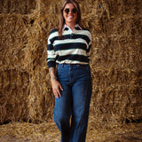 APRIL WHITE/DARK BLUE STRIPED LONGSLEEVE POLO SHIRT