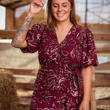 WYNDI BURGUNDY SEQUIN FLOWER WRAP DRESS