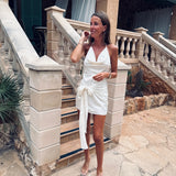 YESENIA ECRU SATIN WRAP FLOWER DRESS