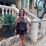 GIRONA BROWN LAYER HALTER DRESS
