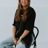 NORA BLACK LONG ASYMMETRIC LACE T-SHIRT