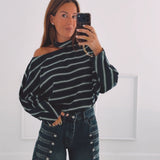 DANAE DARK BLUE STRIPED CUT-OUT SWEATER