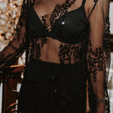 PARTY FEVER BLACK PLISSE SEQUIN BLOUSE