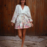 SCARLET WHITE FLOWER LINEN DRESS