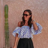 AICHA WHITE POLKADOTS OFF SHOULDER BLOUSE