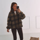 KRISTIEN BEIGE/BROWN CHECKERED TEDDY SWEATER