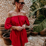 BRISA LATINA RED OFF SHOULDER LINEN DRESS