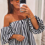 ELIN ECRU/DARK BLUE STRIPED OFF SHOULDER BLOUSE
