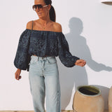 PRE-ORDER MARAVILLOSA DARK BLUE LINEN OFF SHOULDER BLOUSE