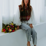 FEBE DARK GREEN CHECKERED SLEEVELESS KNIT TOP