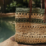 RIVE GAUCHE MINT GREEN/BEIGE STRIPED RAFFIA BAG
