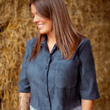SKYLAR DARK BLUE SUEDE BUTTON BLOUSE